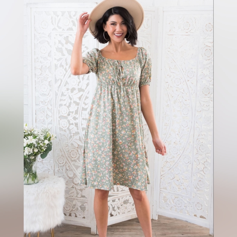 Neesees Green floral empire waist dress P & Rose